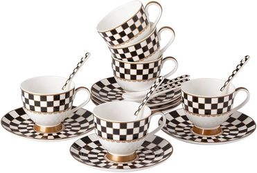 Porlien 6-ounce Porcelain Checker Teacups and Saucers Set of 6 with Spoons, Coffee Cups Set