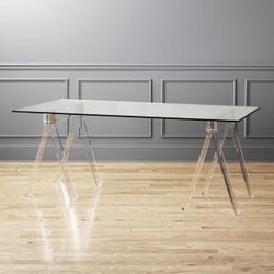 Lucite, Brass & Glass Sawhorse Dining Table or Desk  