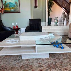 Travertine & Glass Coffee And Side Table 