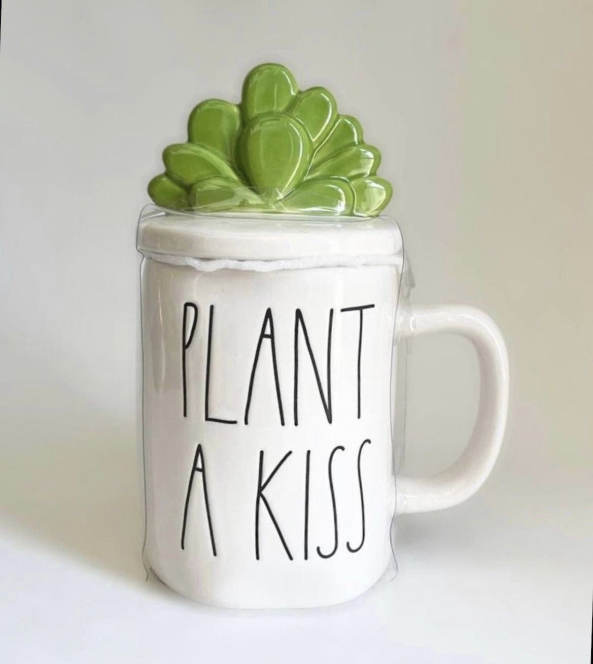 NWT Rae Dunn White Ceramic Green Succulent Topper Plant A Kiss Spring Mug