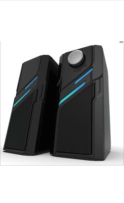 LENRUE Computer Speakers for Desktop PC with Easy Knob, Clear Powerful Sound, Touch Lights, Plug and Play for Computer Desktop PC, Monitors, Laptop (U