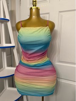 Women’s Rainbow Ombre Bodycon Mini Dress Spaghetti Strap Ruched Sleeveless