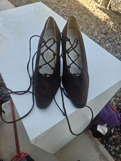 GEORGIO ARMANI BROWN SUEDE LACE UP HEELS 37 1/2