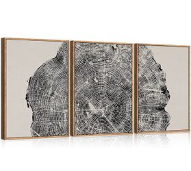 Framed Tree Ring Wall Art Set of 3, 24"×36" Abstract Wood Stump Wall Decor, Large Black and White Wall Painting, Neutral Modern Nature Canvas Art Prin