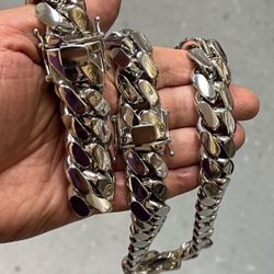 👑14K Stamped White Gold Miami Cuban Set Chain & Bracelet Heavy Premium Quality 👑