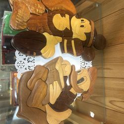 Handcrafted Disney intarsia wood carving featuring several characters, including Mickey Mouse, Lion King , Chip, and Dale