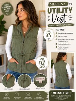 Merona Olive Green Utility Vest – Women’s XS | Lightweight Zip-Up Safari Vest