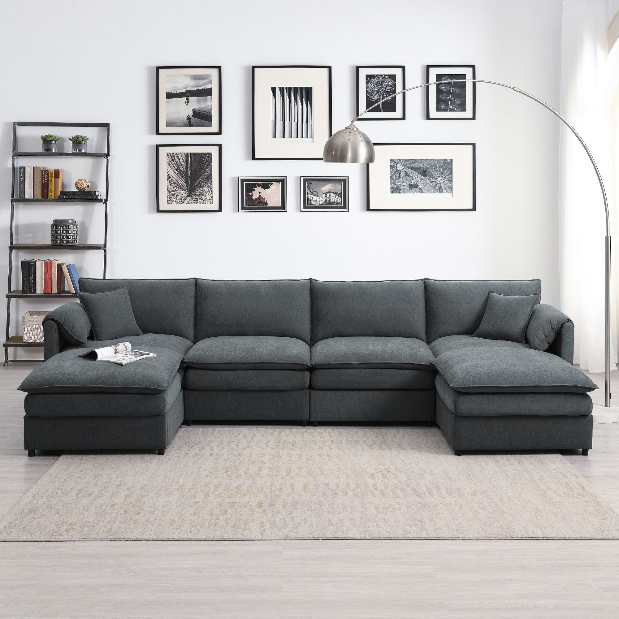 134*66 Chenille Modular Sectional Sofa,U Shaped Cloud Couch Set with Double Cushions ,6 Seat Sleeper Sofa Bed with Ottomans,Ove