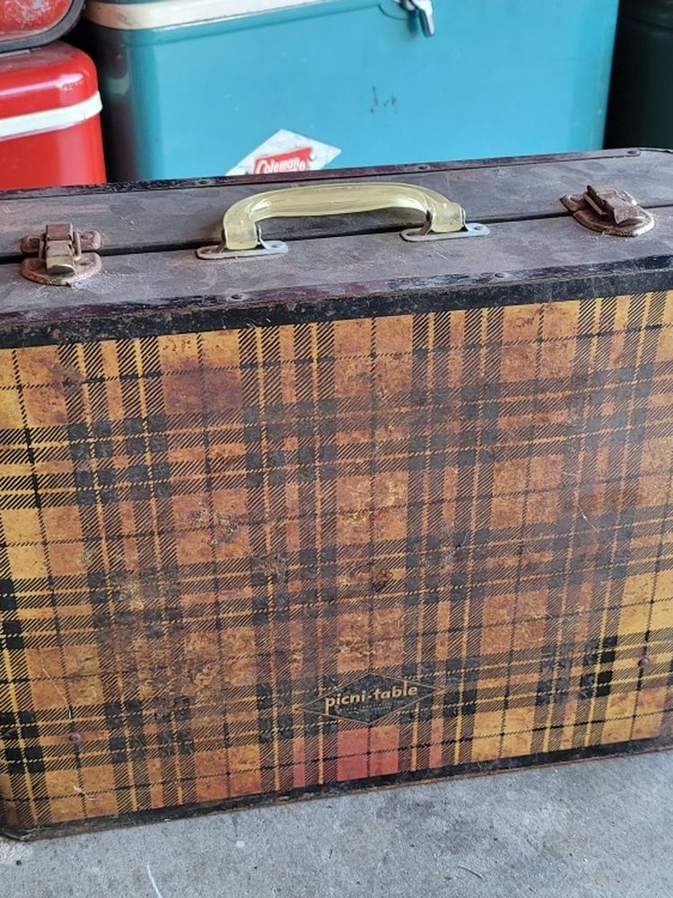 vintage antique folding suitcase luggage plaid picnic picni-table