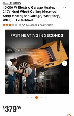 Shop TURBRO 15,000 W Electric Garage Heater, 240V Hard Wired Ceiling Mounted Shop Heater, for Garage, Workshop, WIFI, ETL-Certified