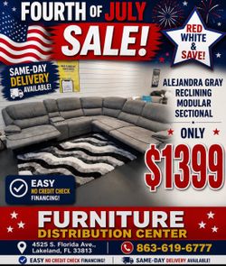 Limited time sale. Alejandra gray reclining sectional only $1399. Easy finance option. Same-day delivery.