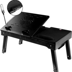 Laptop Desk, Bed Desk, Multi-Functional Laptop Stand for Bed and Sofa, 21 x 12 inch Laptop Table with Adjustable Tabletop, LED Light, Cooling Fan and 