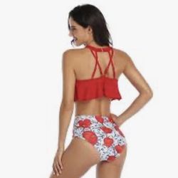 Red Floral High - Waisted Bikini Botton 
