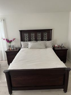 Dark Brown Wood & Iron Queen Bed Frame Plus Box Spring W/ 2 Matching Nightstands