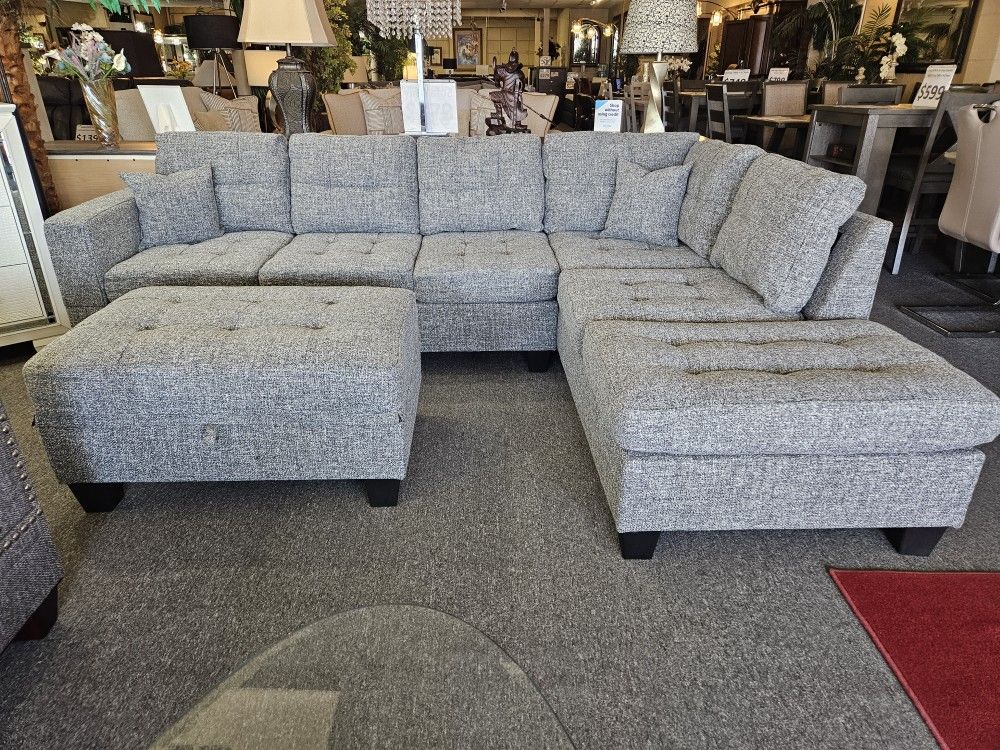 Brand New 108" x 79" Tufted Gray Linen Reversible Sectional With Cup Holders + Storage Ottoman