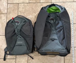 Osprey Meridian 60 Wheeled Travel Backpack + Daypack Carry-On Luggage Gray Green EUC