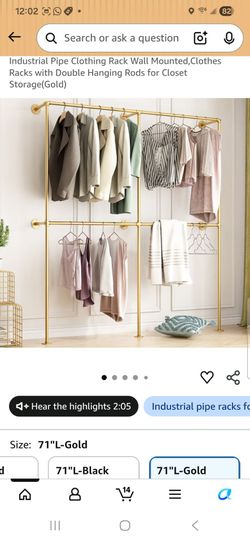 Industrial Pipe Clothing Rack Wall Mounted,Clothes Racks with Double Hanging Rods for Closet Storage(Gold)