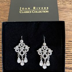 NEW Vintage Joan Rivers Silver and Rhinestones Dangle Hanging Earrings / Long Art Deco Pierced Earrings