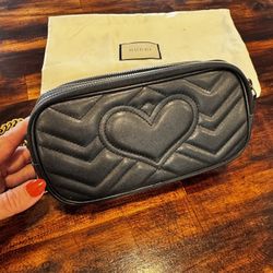 Designer Style Black Mini Bag w/ Gold Chain + Dust Bag