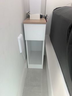 Narrow White Nightstand with Open Shelf