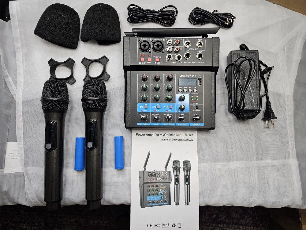 150W x2 Powered Amplifier Audio Mixer,4 Channel With Dual Wireless Mic Sound Board Console MP3 Digital USB Bluetooth Computer Input