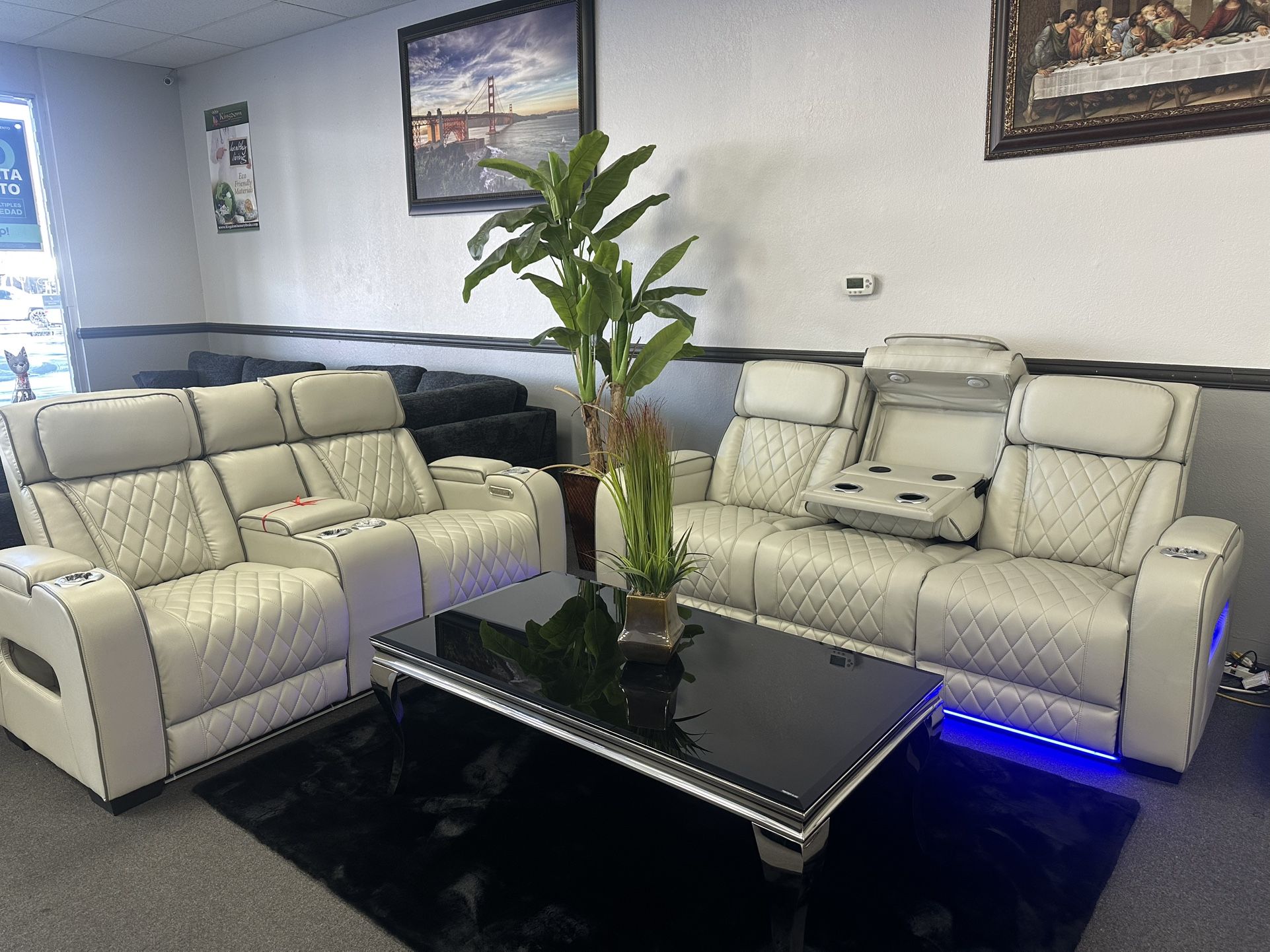 Leather Sofa & Loveseat Power Recliners & Headrest + Wireless Charging