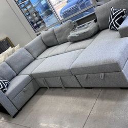 ✅️✅️4 pc Grey boucle fabric sectional sofa with storage chaise and love seat and pop up sleep area in center drop down tray tables✅️✅️✅️