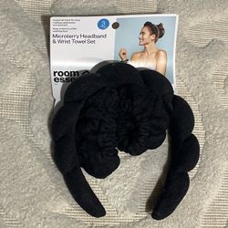 3 Pc Black Microterry Headband And Wrist Towel Set