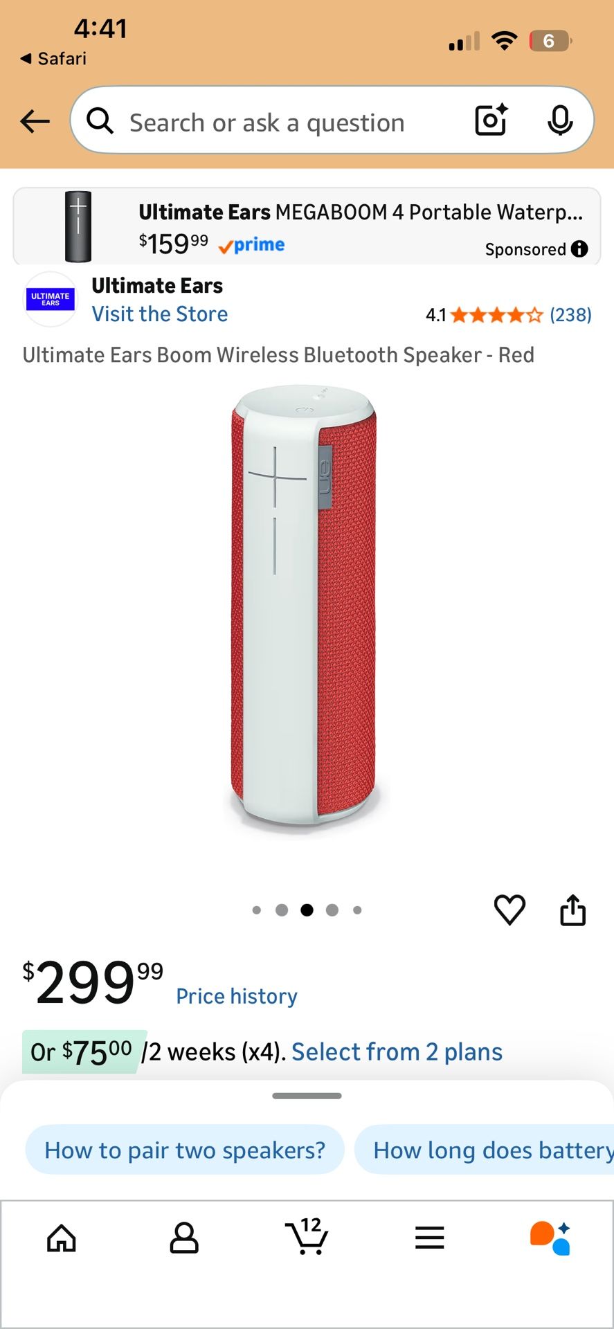 Ultimate Ears Boom Wireless Bluetooth Speaker