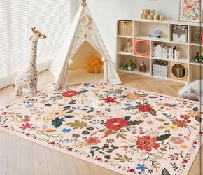5x7 Washable Rug for Living Room, Pink Floral Area Rug