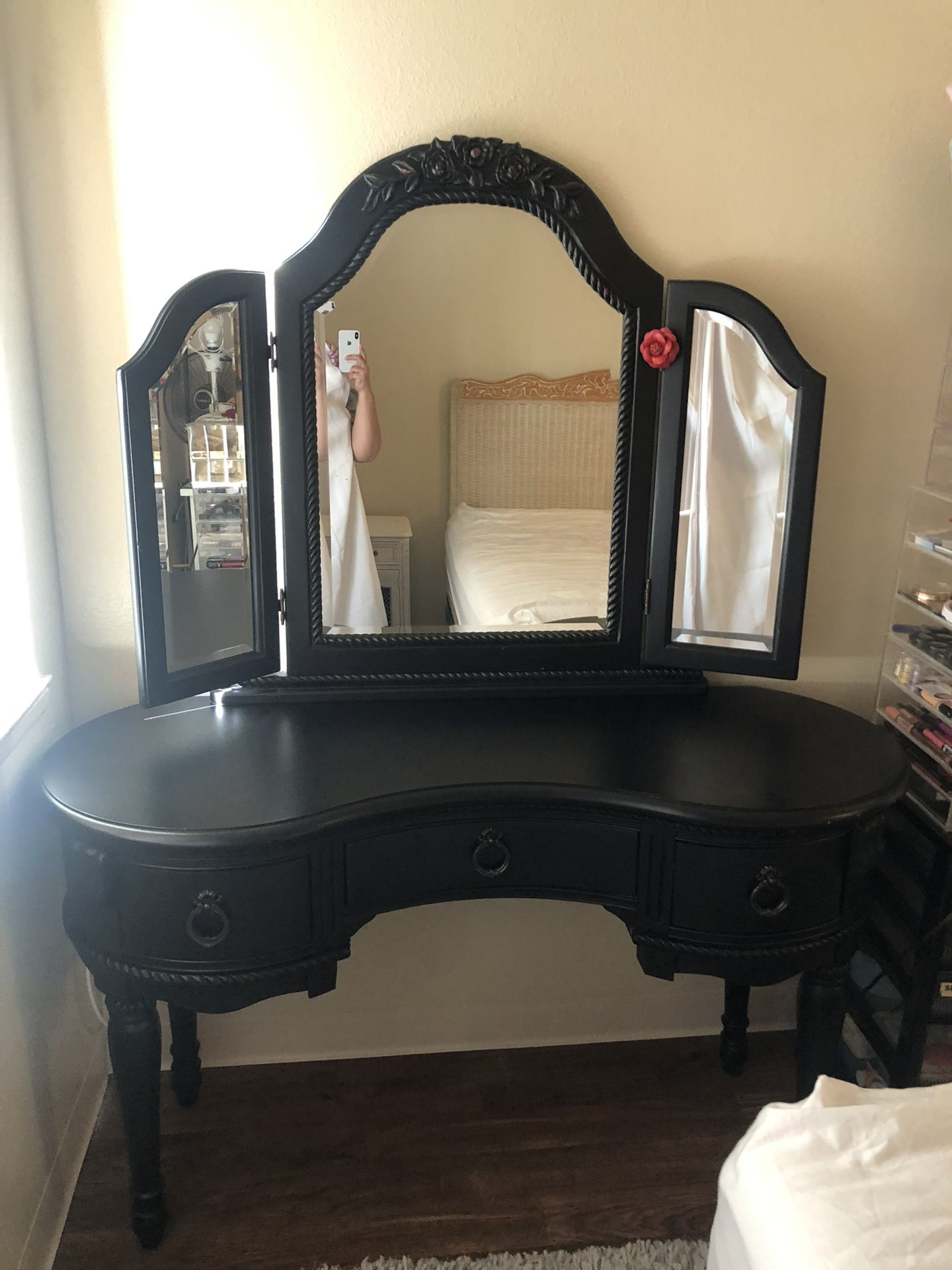 Beautiful, Black, Antique Wood Vanity With Matching Chair