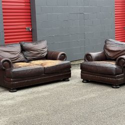 Brown Leather Sofa + Chair Set - Free Curbside Delivery