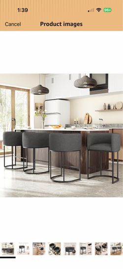 26" H Counter Height Bar Stools Set of 4, Modern Barrel Counter Stools with Backrest and Arms, Linen Fabric Upholstered Accent Barstools for Kitchen I