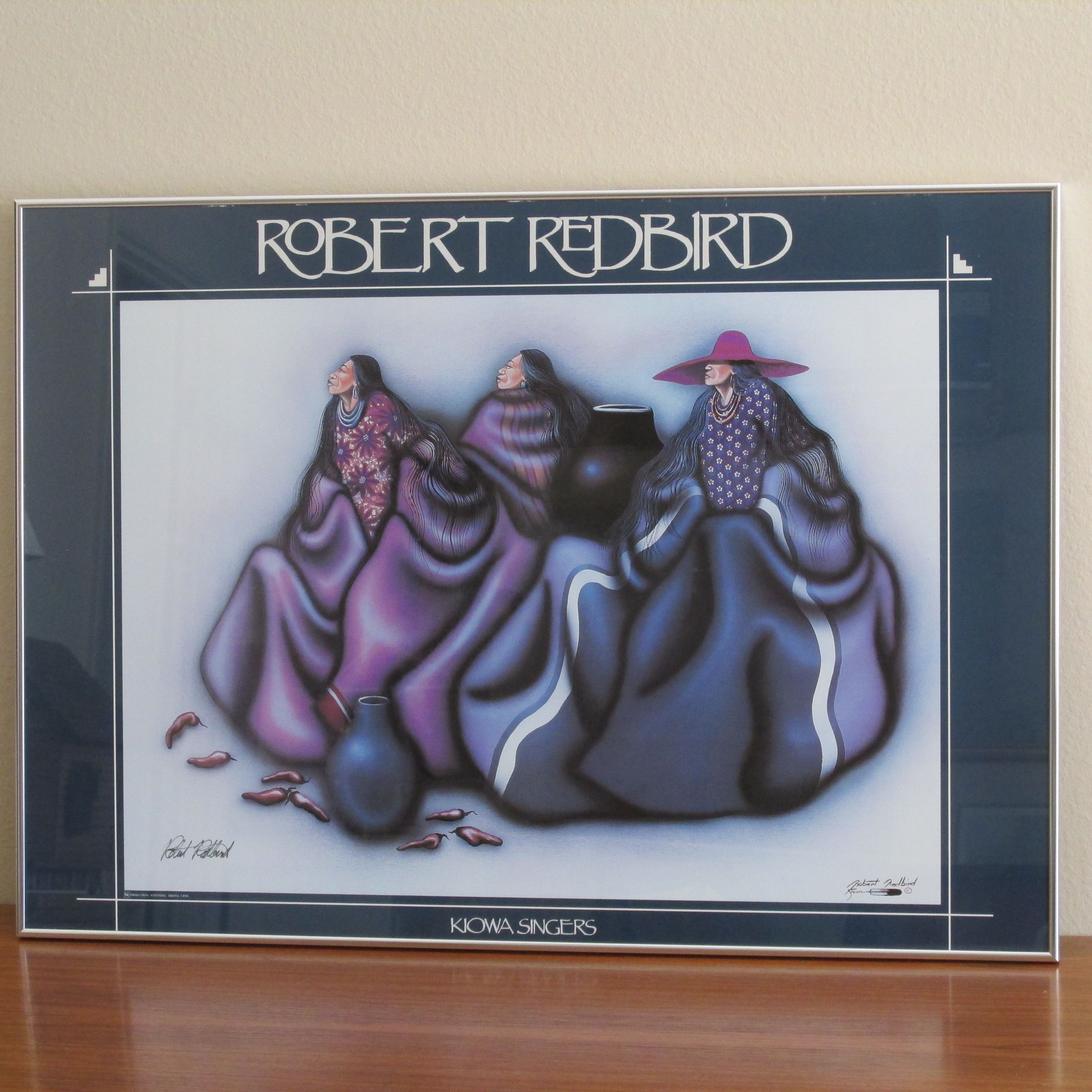 ROBERT REDBIRD **SIGNED** PAINTING PRINT / KIOWA SINGERS / NATIVE AMERICAN 31” X 22”, FRAMED
