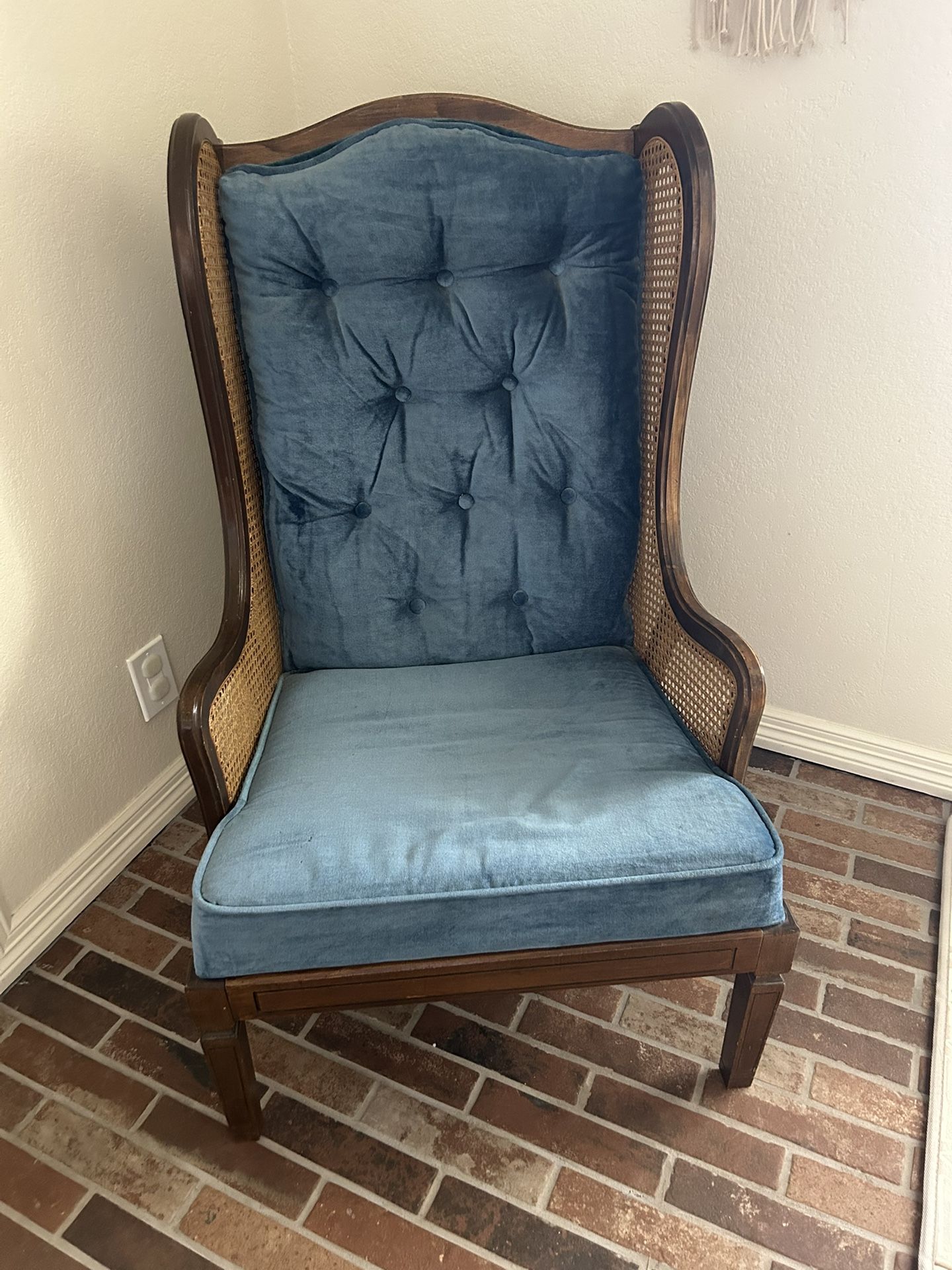 Blue velvet and cane wooden chair