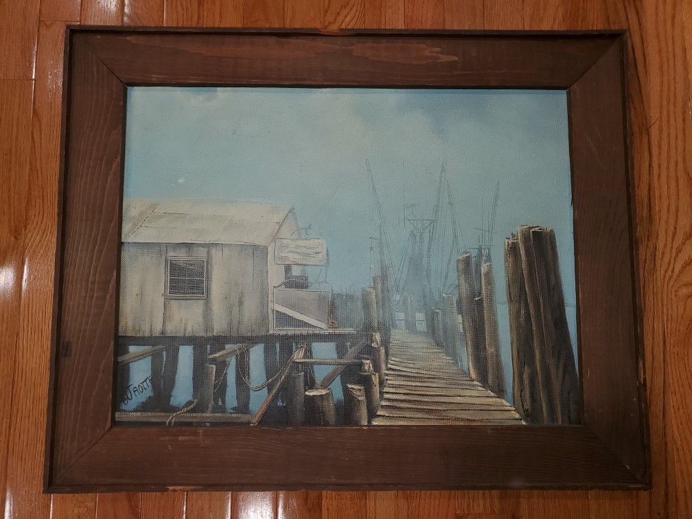 Foggy dock pier boat Nautical artwork (17" H by 23" L)