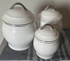 Canisters (3) White Porcelain/Silver Handles