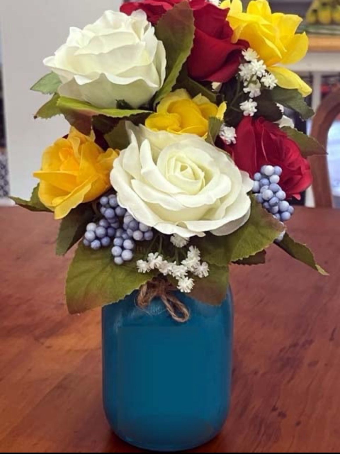 Red White Yellow Roses in Teal Chalk Painted Mason Jar centerpiece home decor