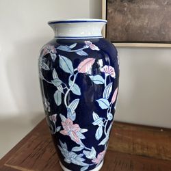 Large 12” Hand-Painted Ceramic Vase | Deep Cobalt Blue & Pink Floral | Chinoiserie Style