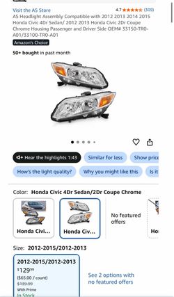 AS Headlight Assembly For 2006 2007 2008 2009 2010 2011 Honda Civic