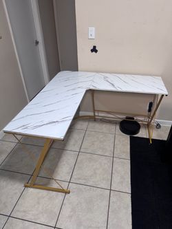 L-Shaped Corner Desk - White Marble Finish & Gold Frame