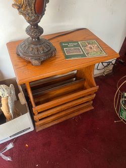 $20 Vintage Oak Side Table with Magazine Rack Holder must pick up tomorrow no later then 2 pm