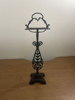  Victorian/Edwardian Era Decorative Cast-Iron OrNate Standing Ashtray, Scroll Design Leaf Motifs