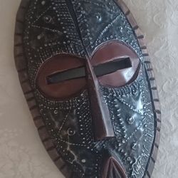 Vintage Handcrafted Wooden Tribal Mask / Embossed Metal Plate Made In Ghana 13''