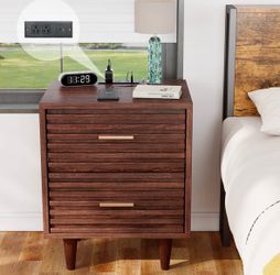 Nightstand, Nightstands With Charging Station, Brown Fluted Night Stands With 2 Drawers And Open Shelves, Wooden Bedside Table Modern End Table For Be