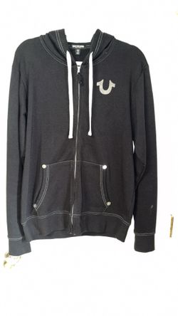 True Religion black zip up hoodie with white stitching