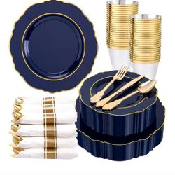  350PCS Navy Blue Plastic Plates-Disposable Blue Gold Plates 50guest Plastic Dinnerware include 100Plates,50Pack Pre Rolled Napkins with Silverware 5
