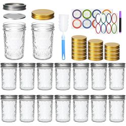 8 oz Mason Jars, Canning Jars,Jam Jars forJelly,Honey, Wedding Favors, Food Storage,Kitchen & DIY Gifts, with Lables,Sponge Brush,Pen,Set of 16