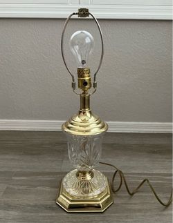 Vintage Cut Glass and Brass Table Lamp Hollywood Regency MCM Urn with Brass Octagon Base + Shade