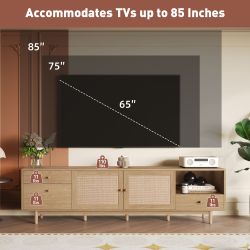 Boho TV Stand for 65, 75, 85 Inch TV, Entertainment Center with Open Storage and Drawers, Modern Wood Media TV Console with Real Rattan